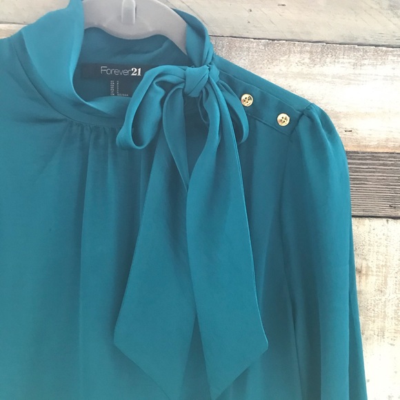 Teal blue side tie blouse gold buttons - Picture 3 of 5